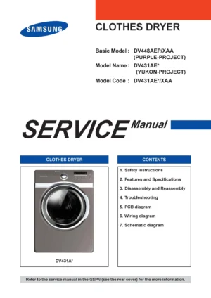 Samsung dv431agp dv448aep dv431agw service manual cover with photo of the dryer. Model code and type and manual contents