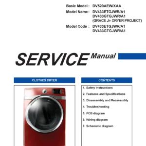 Samsung dv433etgjwr dv433gtgjwr service manual cover with photo of the dryer. Model code and type and manual contents