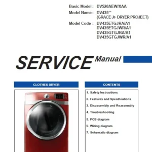 Samsung dv435etgjwr dv435etgjra service manual cover with photo of the dryer. Model code and type and manual contents