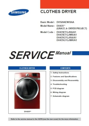 Samsung dv435etgjwr dv435etgjra service manual cover with photo of the dryer. Model code and type and manual contents