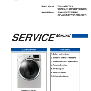 Samsung dv455evgswr service manual cover with photo of the dryer. Model code and type and manual contents