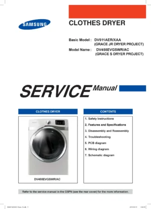 Samsung dv455evgswr service manual cover with photo of the dryer. Model code and type and manual contents