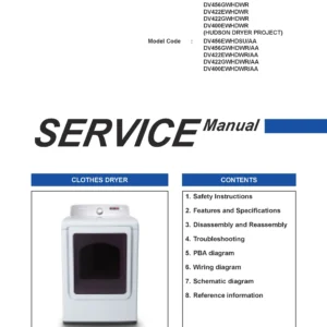 Samsung dv456ewhdsu dv456gwhdwr service manual cover with photo of the dryer. Model code and type and manual contents
