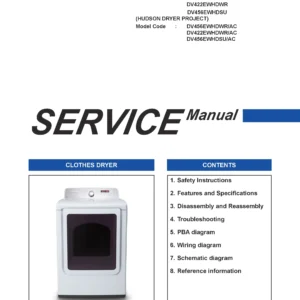 Samsung dv456ewhdwr service manual cover with photo of the dryer. Model code and type and manual contents