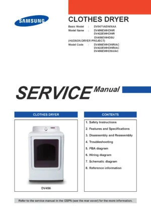 Samsung dv456ewhdwr service manual cover with photo of the dryer. Model code and type and manual contents
