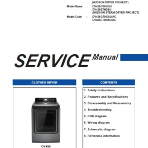 Samsung dv456gthdsu dv456ethdsu service manual cover with photo of the dryer. Model code and type and manual contents