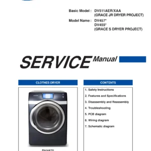 Samsung dv457evgswr dv457evgsgr service manual cover with photo of the dryer. Model code and type and manual contents