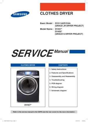 Samsung dv457evgswr dv457evgsgr service manual cover with photo of the dryer. Model code and type and manual contents