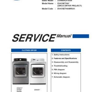 Samsung dv476ethawr service manual cover with photo of the dryer. Model code and type and manual contents