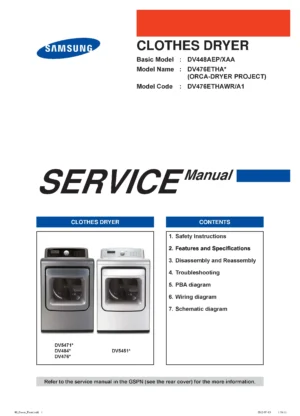 Samsung dv476ethawr service manual cover with photo of the dryer. Model code and type and manual contents