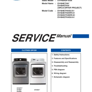 Samsung dv484ethawr dv484ethasu service manual cover with photo of the dryer. Model code and type and manual contents