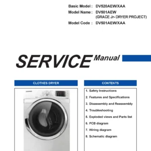 Samsung dv501aew service manual cover with photo of the dryer. Model code and type and manual contents