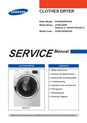 Samsung dv501aew service manual cover with photo of the dryer. Model code and type and manual contents