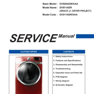Samsung dv511aer service manual cover with photo of the dryer. Model code and type and manual contents