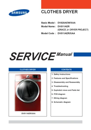 Samsung dv511aer service manual cover with photo of the dryer. Model code and type and manual contents