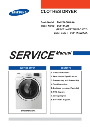 Samsung dv511agw service manual cover with photo of the dryer. Model code and type and manual contents