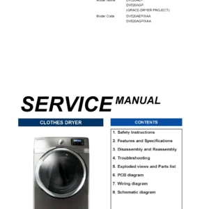 Samsung dv520aep service manual cover with photo of the dryer. Model code and type and manual contents