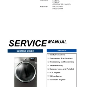 Samsung dv520aew service manual cover with photo of the dryer. Model code and type and manual contents