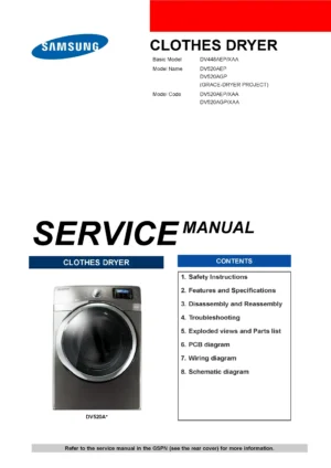 Samsung dv520aew service manual cover with photo of the dryer. Model code and type and manual contents