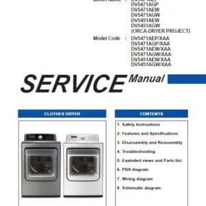 Samsung dv5451aew dv5451agw service manual cover with photo of the dryer. Model code and type and manual contents
