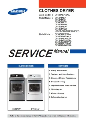 Samsung dv5451aew dv5451agw service manual cover with photo of the dryer. Model code and type and manual contents