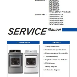 Samsung dv5471aew dv5471aep service manual cover with photo of the dryer. Model code and type and manual contents