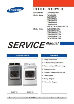 Samsung dv5471aew dv5471aep service manual cover with photo of the dryer. Model code and type and manual contents