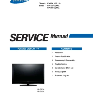 Samsung hpt5054 service manual cover with photo of the television, model type and code and manual contents