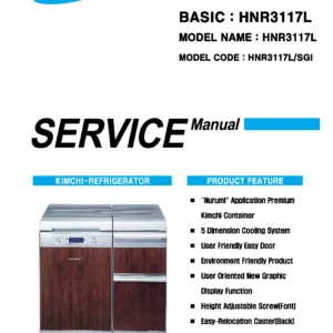 Samsung kimchi hnr3117l service manual cover with photo of the refrigerator, model type and code and manual contents