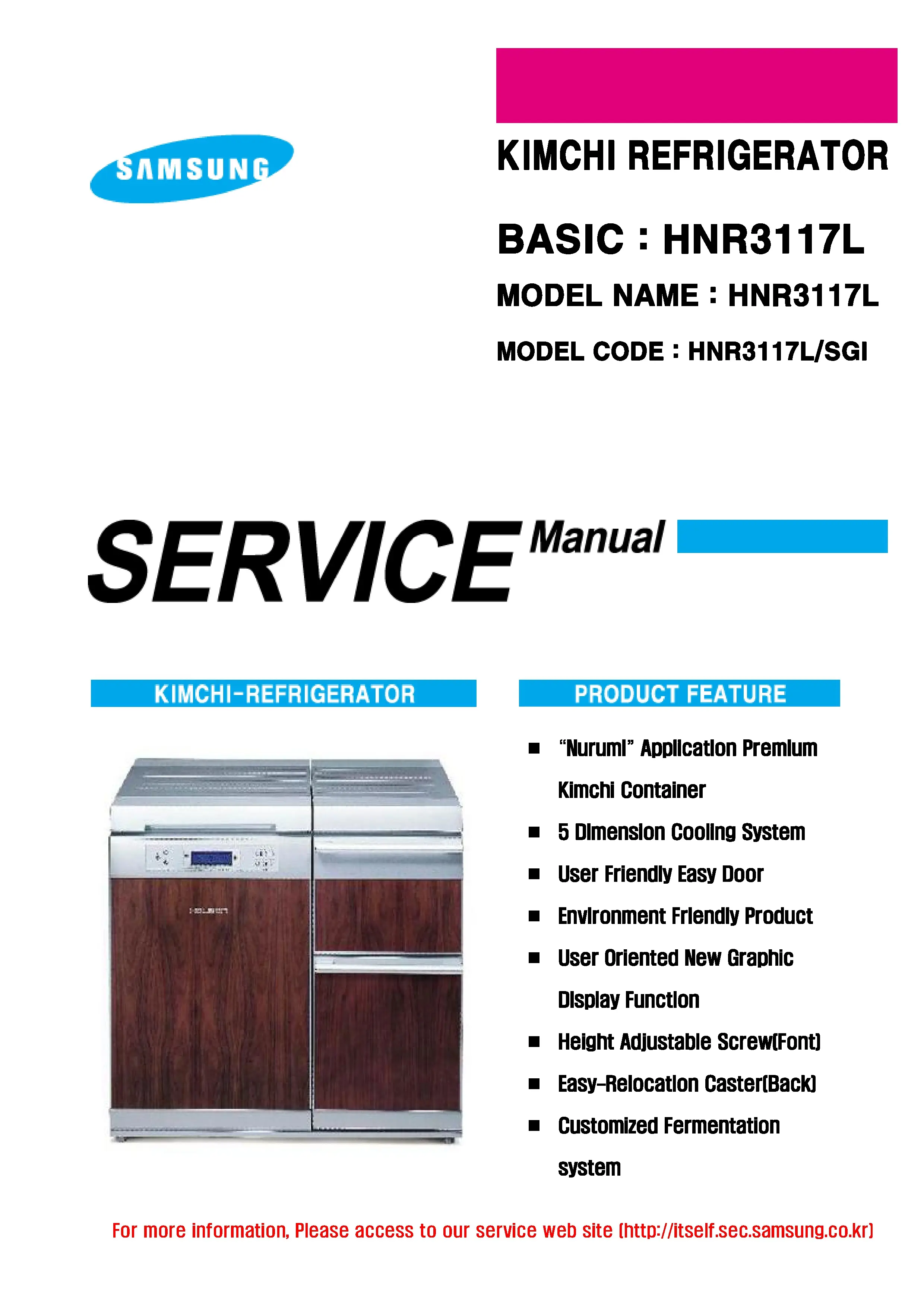 Samsung kimchi hnr3117l service manual cover with photo of the refrigerator, model type and code and manual contents