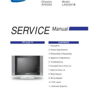 Samsung la20s51b service manual cover with photo of the television, model type and code and manual contents