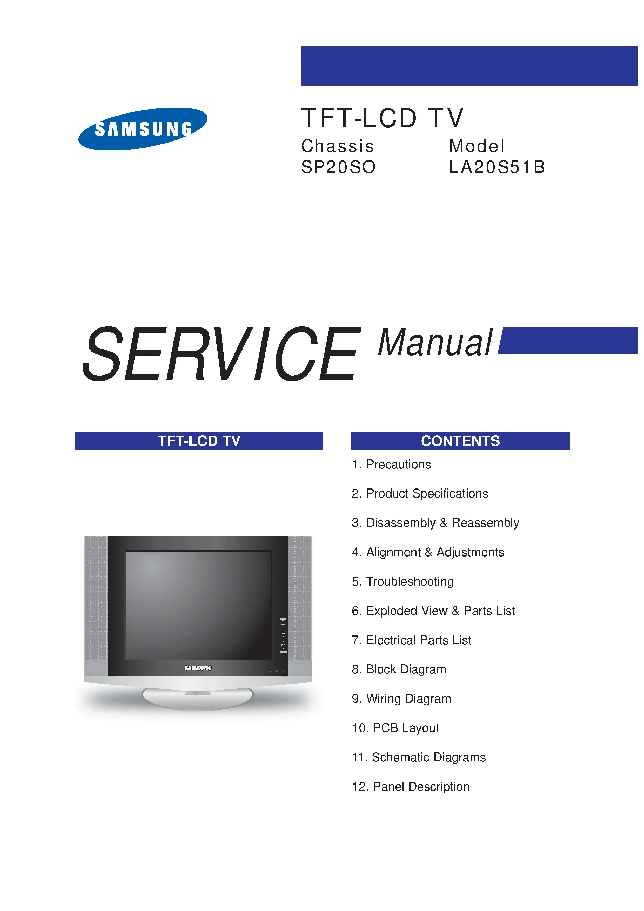 Samsung la20s51b service manual cover with photo of the television, model type and code and manual contents