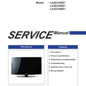 Samsung la22c450e1 la26c450e1 la32c450e1 service manual cover with photo of the television, model type and code and manual contents