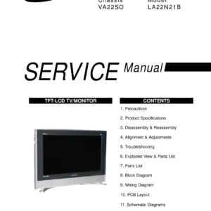 Samsung la22n21b service manual cover with photo of the television, model type and code and manual contents