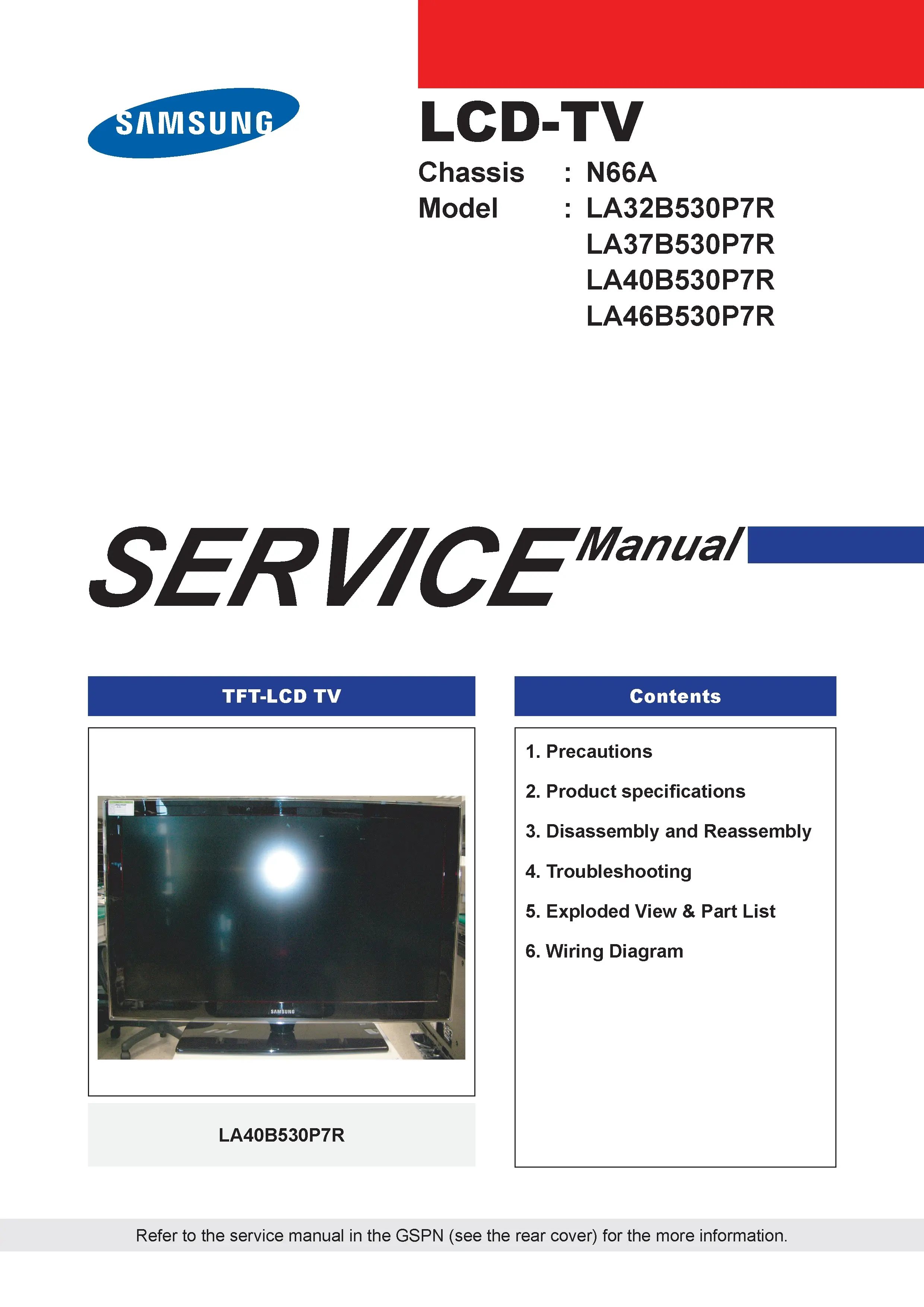 Samsung la32b530p7r la37b530p7r la40b530p7r la46b530p7r service manual cover with photo of the television, model type and code and manual contents