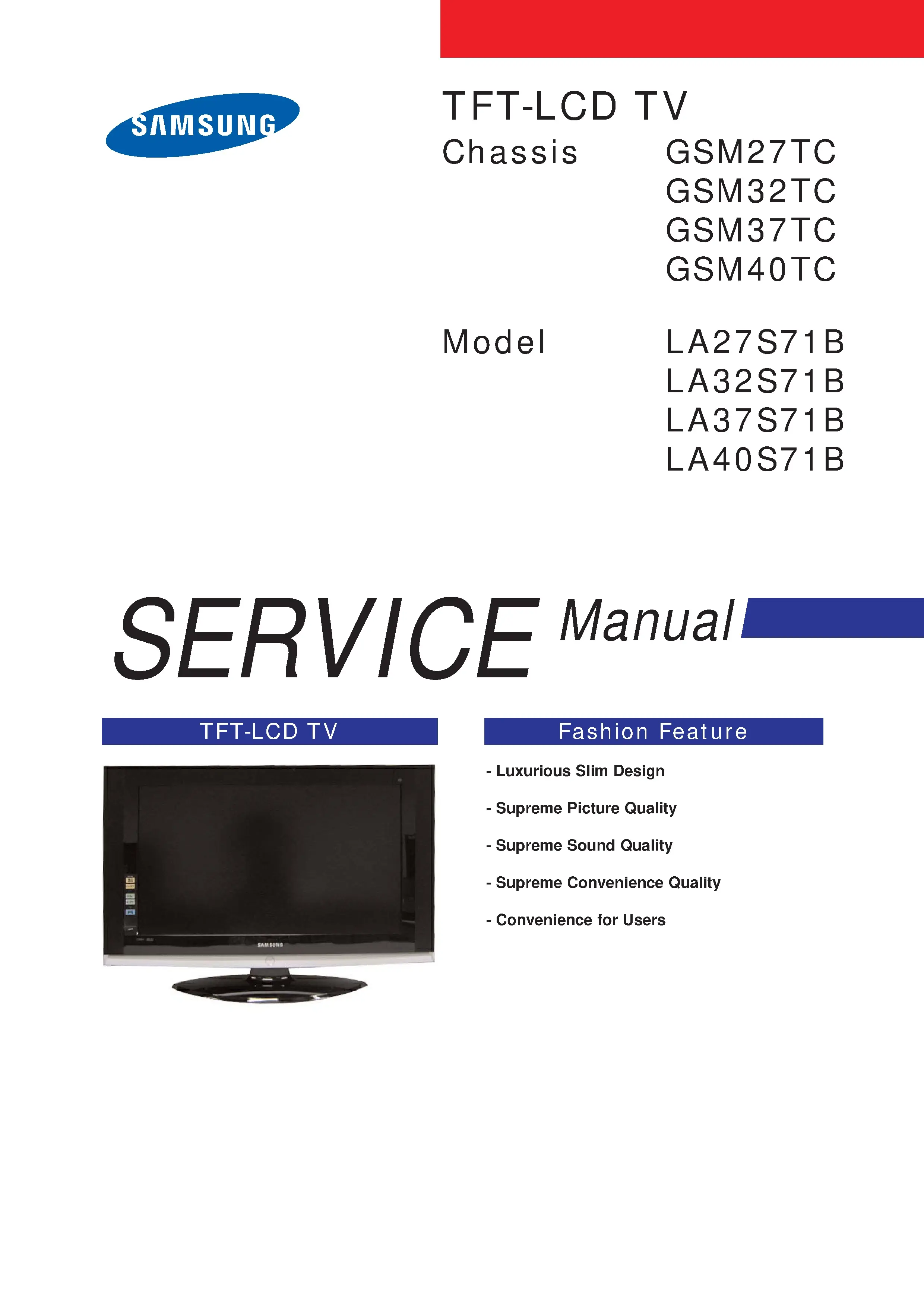 Samsung la32s71b service manual cover with photo of the television, model type and code and manual contents