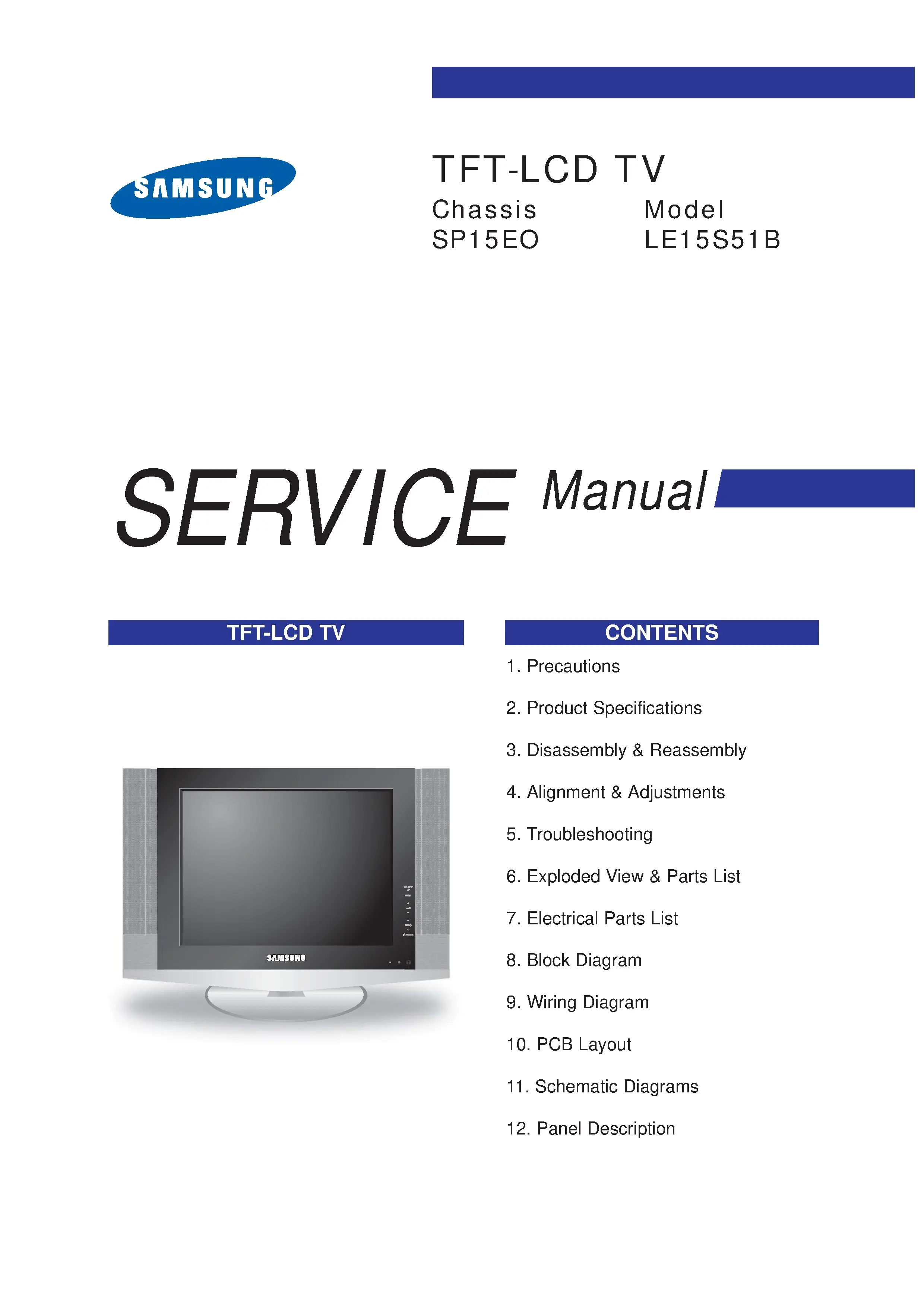 Samsung le15s51b service manual cover with photo of the television, model type and code and manual contents