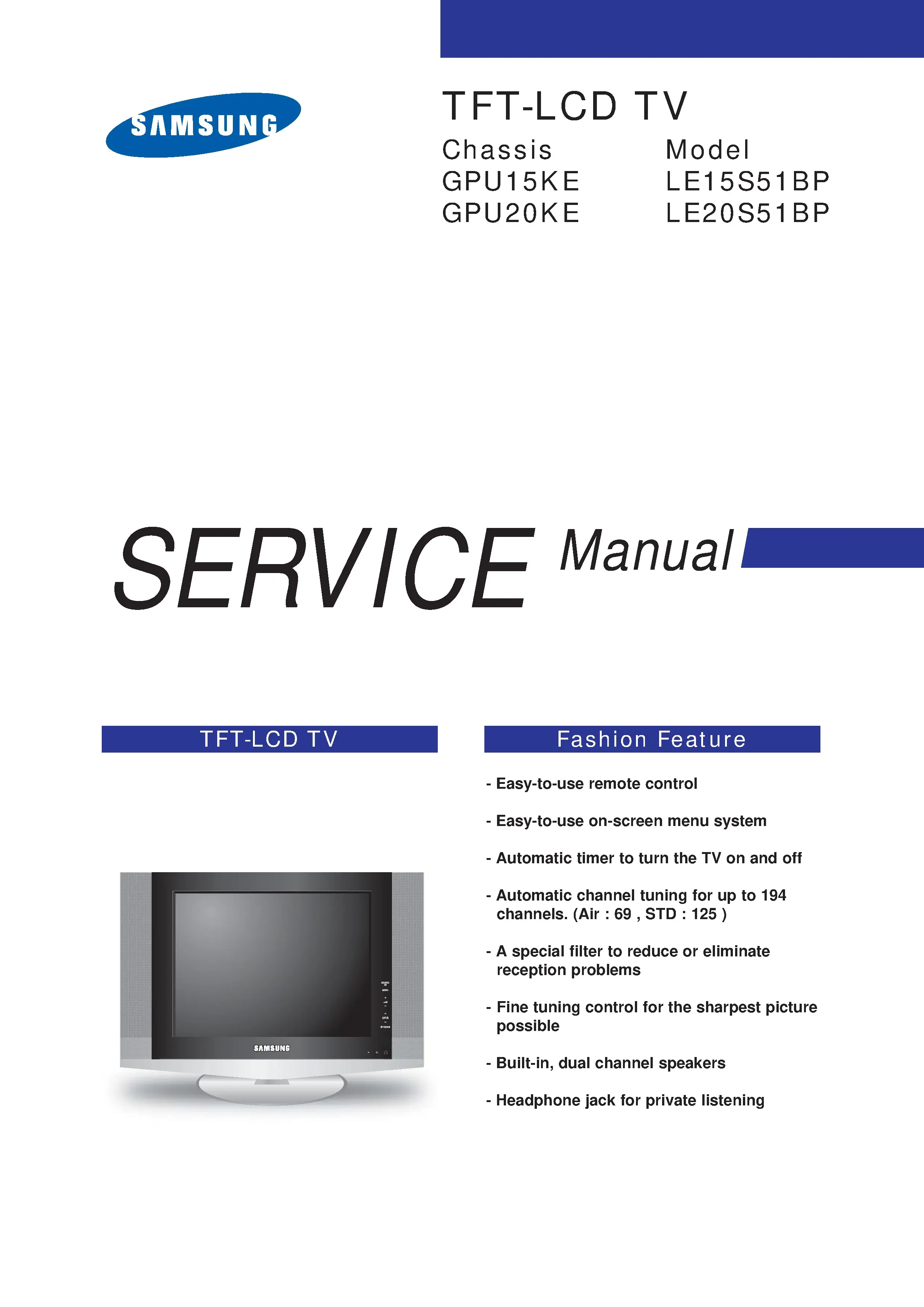 Samsung le15s51bp le20s51b service manual cover with photo of the television, model type and code and manual contents