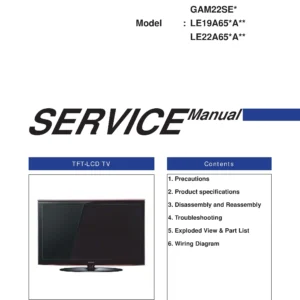 Samsung le19a656a1d service manual cover with photo of the television, model type and code and manual contents