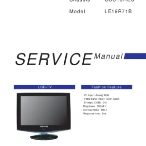 Samsung le19r71b service manual cover with photo of the television, model type and code and manual contents