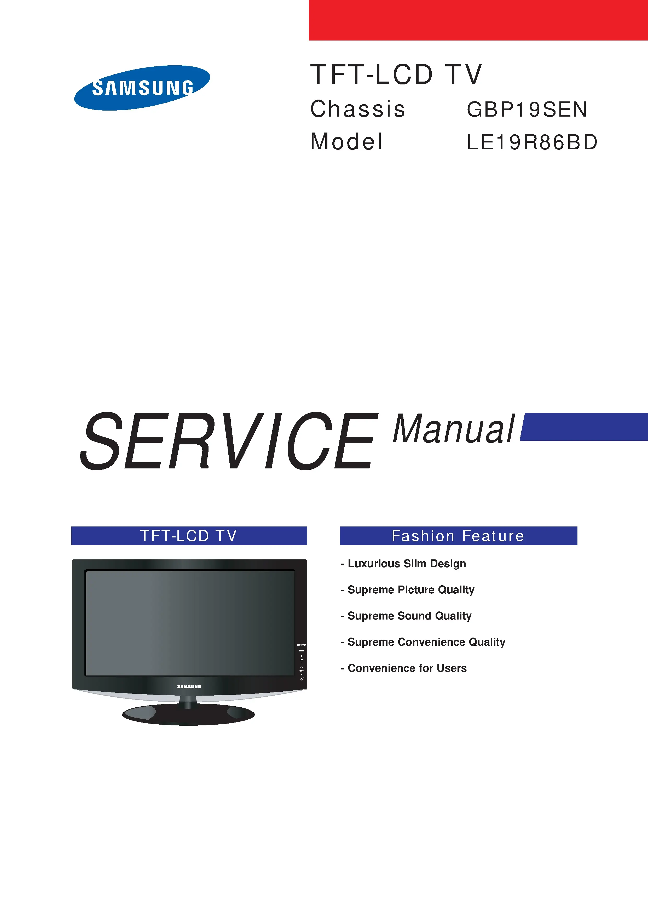 Samsung le19r86bd service manual cover with photo of the television, model type and code and manual contents