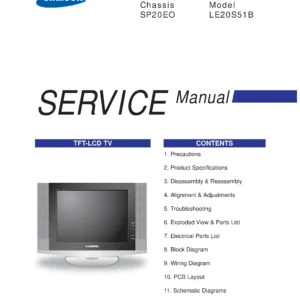 Samsung le20s51b service manual cover with photo of the television, model type and code and manual contents