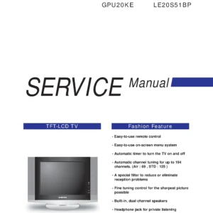 Samsung le20s51bp service manual cover with photo of the television, model type and code and manual contents