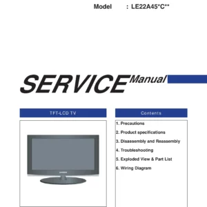 Samsung le22a457c1d service manual cover with photo of the television, model type and code and manual contents