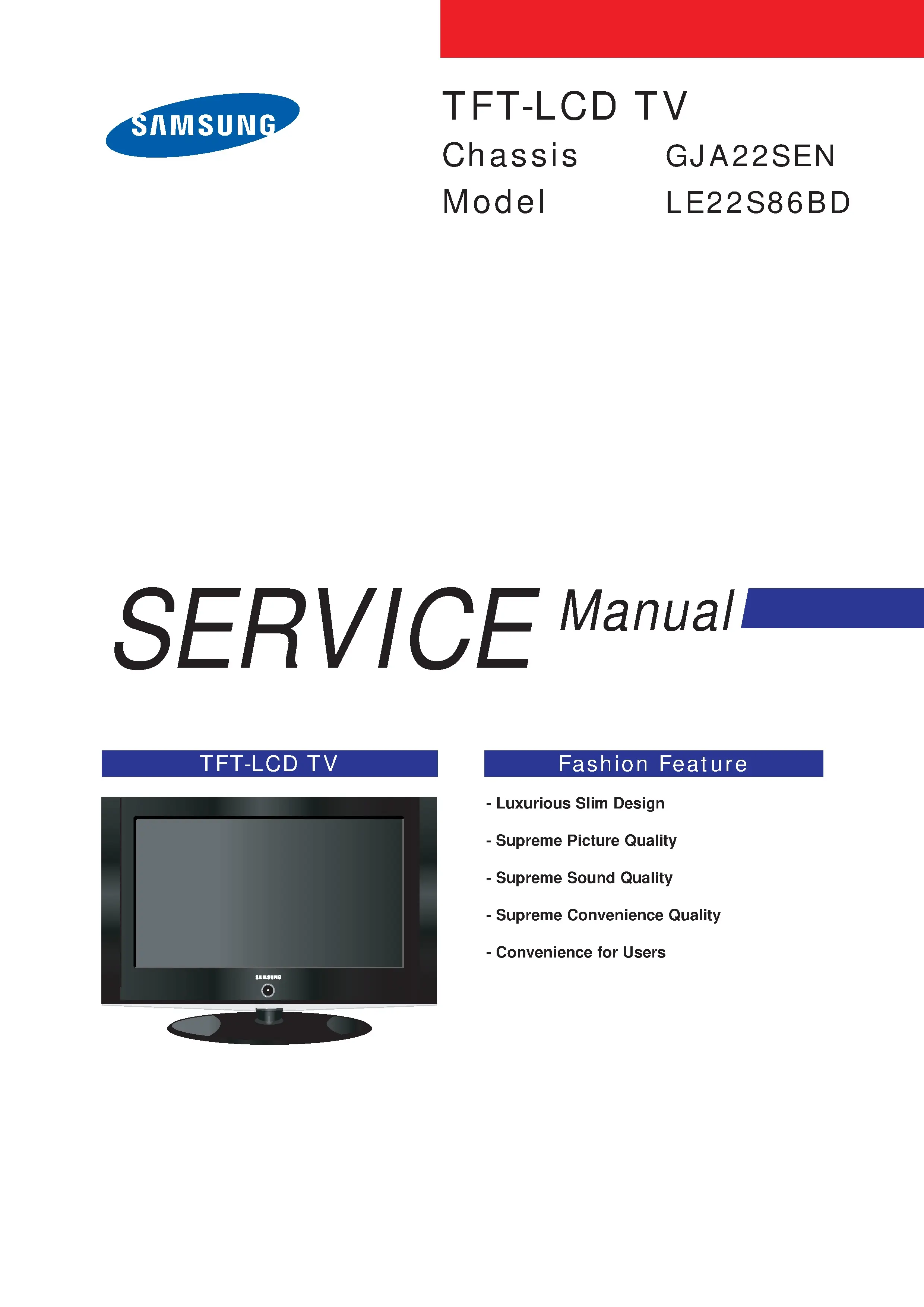 Samsung le22s86bd service manual cover with photo of the television, model type and code and manual contents