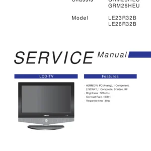 Samsung le23r32b service manual cover with photo of the television, model type and code and manual contents