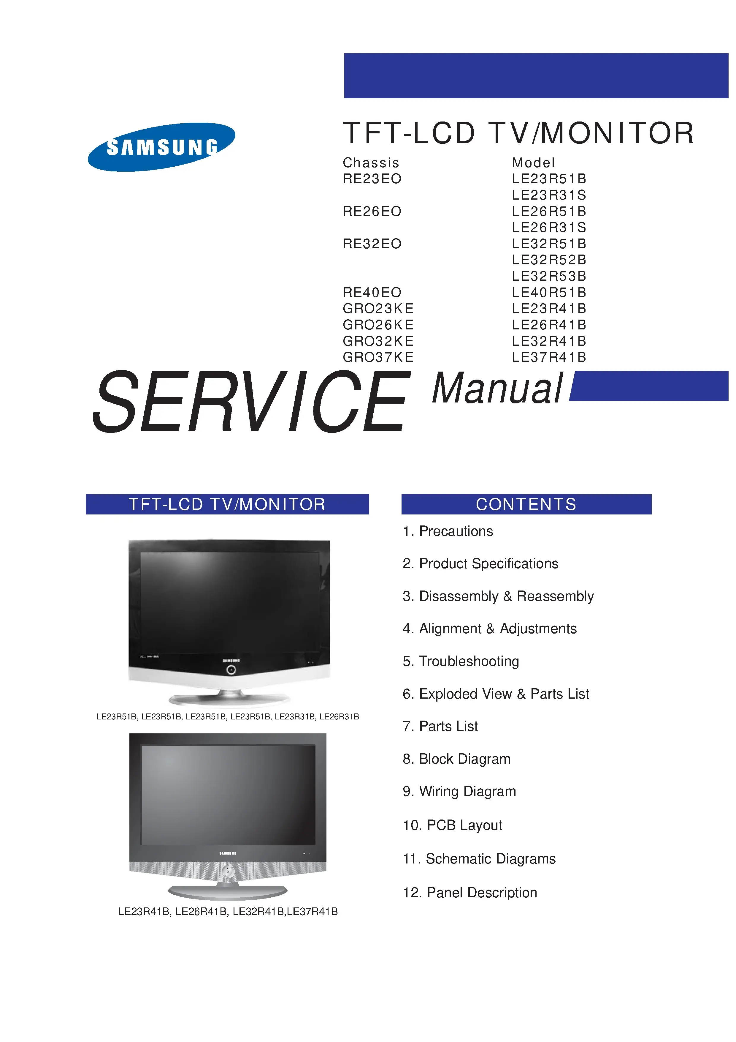 Samsung le23r41b service manual cover with photo of the television, model type and code and manual contents