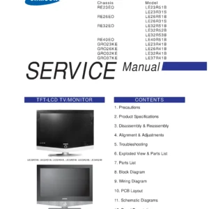 Samsung le23r51b service manual cover with photo of the television, model type and code and manual contents