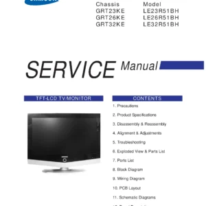 Samsung le23r51bh service manual cover with photo of the television, model type and code and manual contents