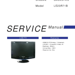 Samsung le23r71b service manual cover with photo of the television, model type and code and manual contents